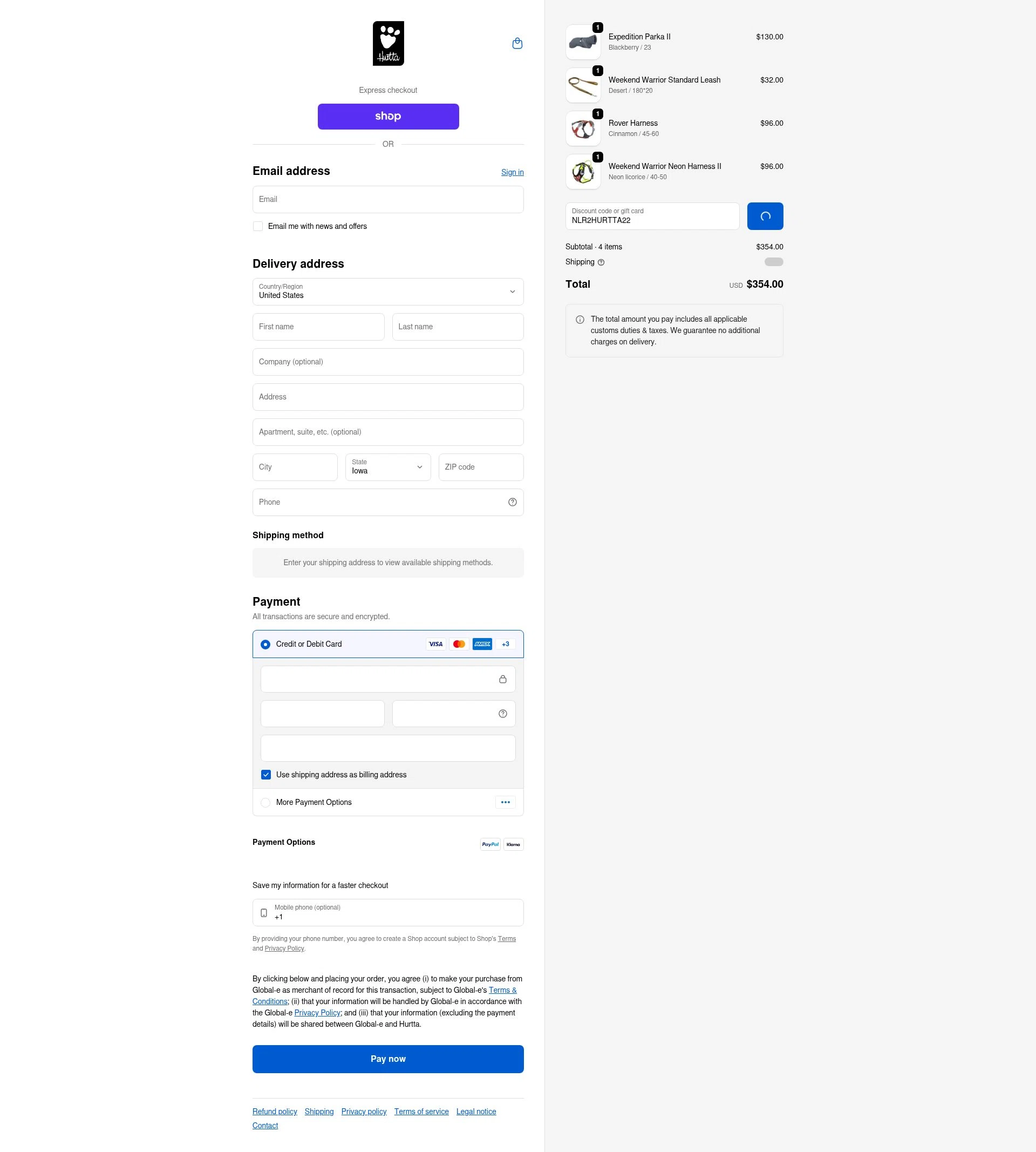 Hurtta checkout page showing Hurtta promo code box | Screenshot taken by SimplyCodes community member on Jan 16, 2026