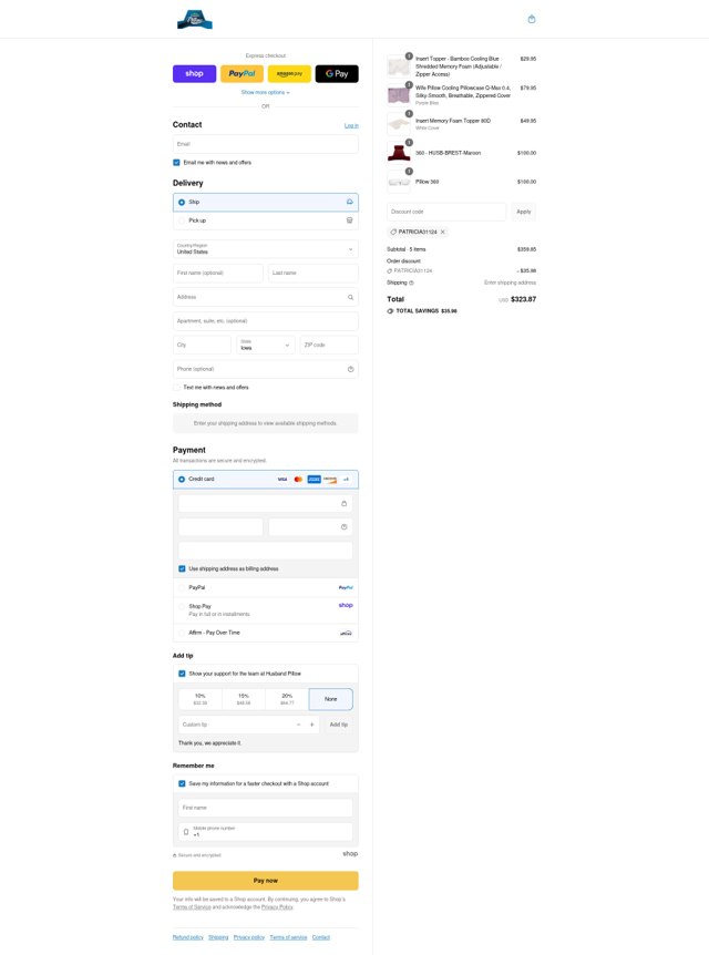 Husband Pillow checkout page showing Husband Pillow discount code box | Screenshot taken by SimplyCodes community member on Aug 31, 2025