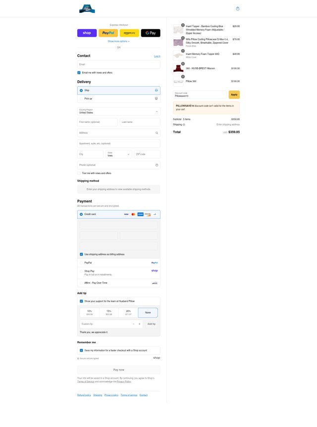 Husband Pillow checkout page showing Husband Pillow discount code box | Screenshot taken by SimplyCodes community member on Sep 4, 2025