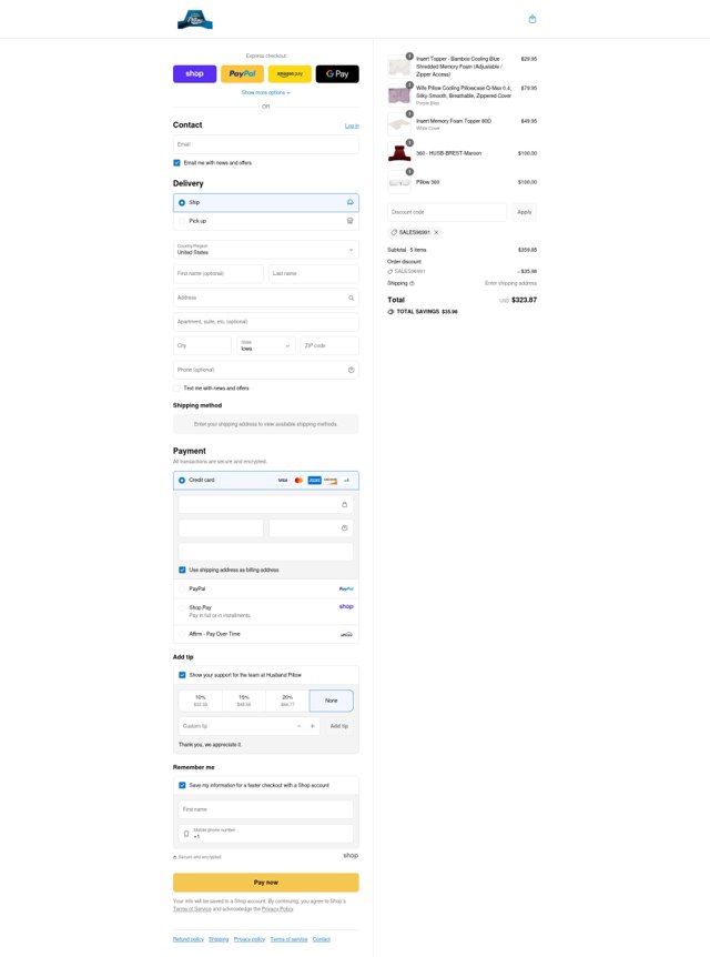 Husband Pillow checkout page showing Husband Pillow discount code box | Screenshot taken by SimplyCodes community member on Aug 31, 2025