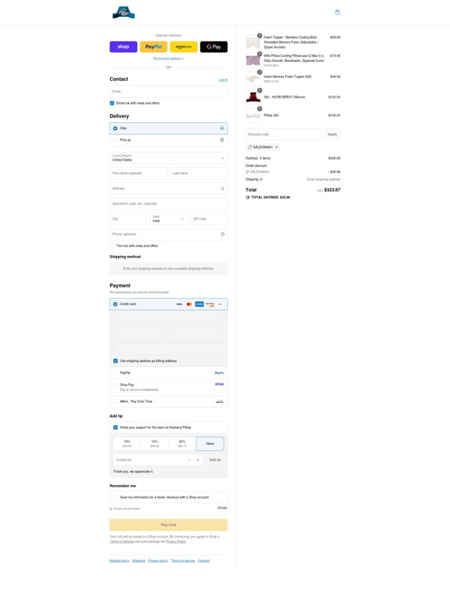 Husband Pillow checkout page showing Husband Pillow discount code box | Screenshot taken by SimplyCodes community member on Sep 4, 2025