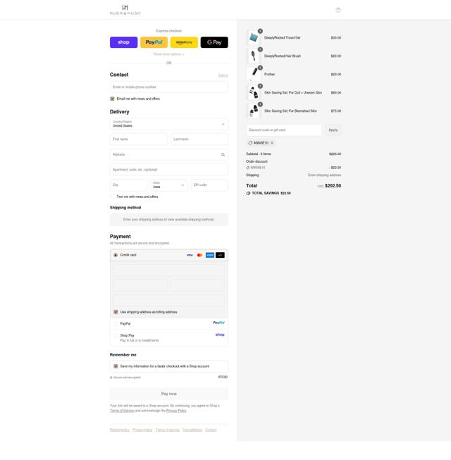 Hush & Hush checkout page showing Hush & Hush promo code box | Screenshot taken by SimplyCodes community member on Sep 11, 2025