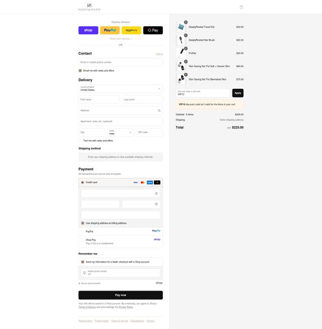 Hush & Hush checkout page showing Hush & Hush promo code box | Screenshot taken by SimplyCodes community member on Sep 11, 2025