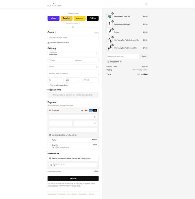 Hush & Hush checkout page showing Hush & Hush promo code box | Screenshot taken by SimplyCodes community member on Sep 11, 2025