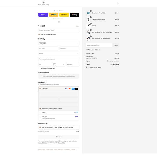 Hush & Hush checkout page showing Hush & Hush promo code box | Screenshot taken by SimplyCodes community member on Sep 11, 2025