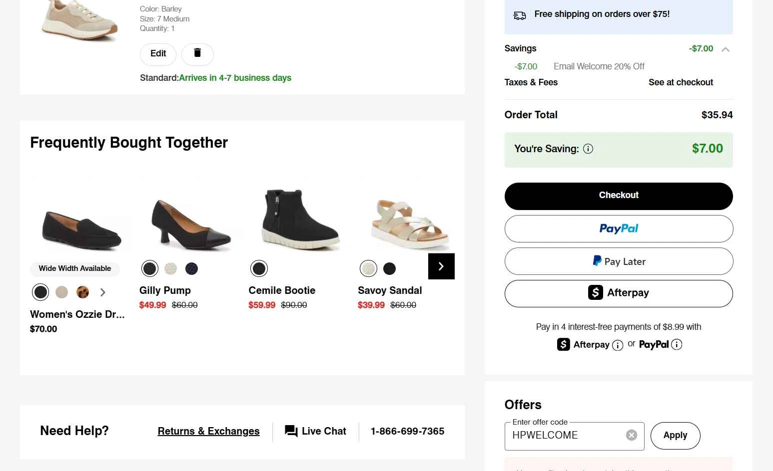 Hush Puppies checkout page showing Hush Puppies promo code box | Screenshot taken by SimplyCodes community member on Jan 25, 2026