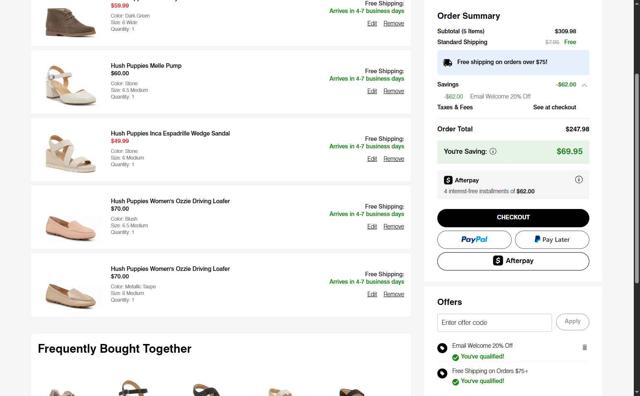 Hush Puppies checkout page showing Hush Puppies promo code box | Screenshot taken by SimplyCodes community member on Aug 19, 2025