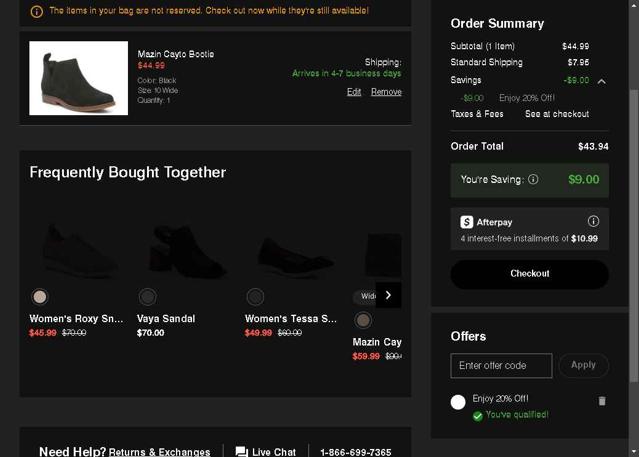 Hush Puppies checkout page showing Hush Puppies promo code box | Screenshot taken by SimplyCodes community member on May 4, 2025