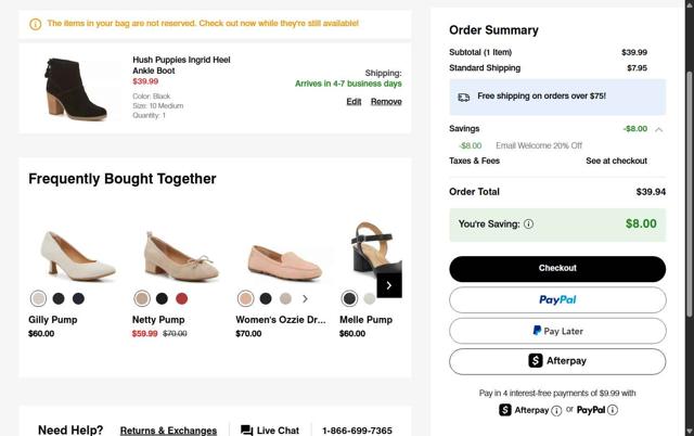 Hush Puppies checkout page showing Hush Puppies promo code box | Screenshot taken by SimplyCodes community member on Sep 17, 2025