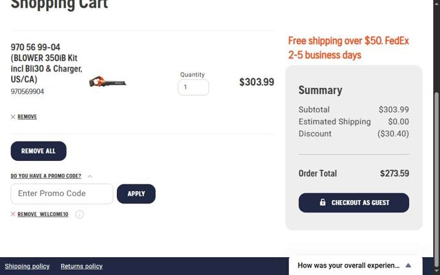 Husqvarna checkout page showing Husqvarna promo code box | Screenshot taken by SimplyCodes community member on Jul 5, 2025