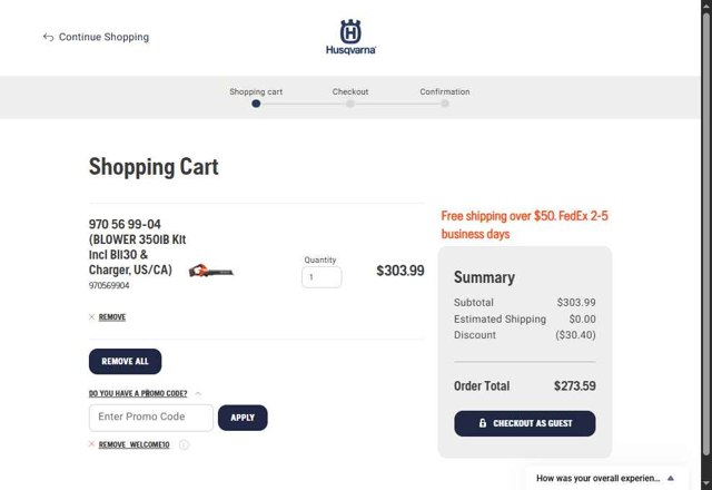 Husqvarna checkout page showing Husqvarna promo code box | Screenshot taken by SimplyCodes community member on Jul 5, 2025