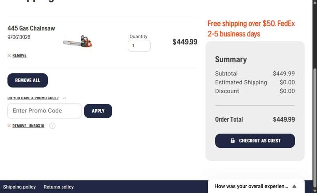 Husqvarna checkout page showing Husqvarna promo code box | Screenshot taken by SimplyCodes community member on Aug 7, 2025