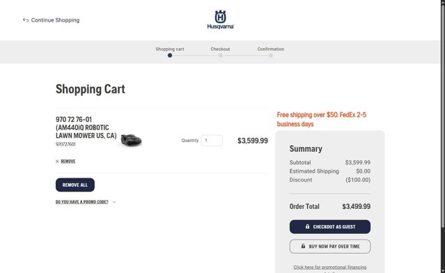 Husqvarna checkout page showing Husqvarna promo code box | Screenshot taken by SimplyCodes community member on Aug 28, 2025
