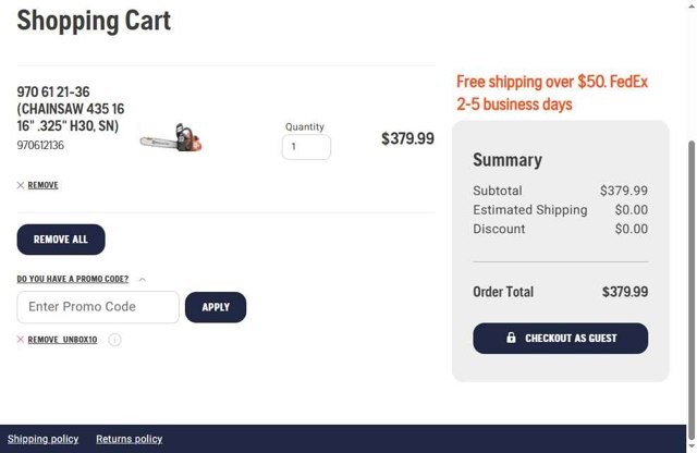 Husqvarna checkout page showing Husqvarna promo code box | Screenshot taken by SimplyCodes community member on Aug 31, 2025