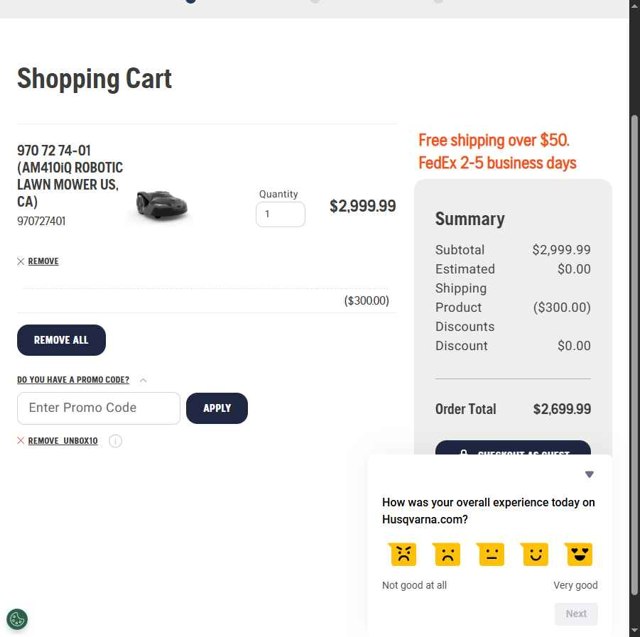Husqvarna checkout page showing Husqvarna promo code box | Screenshot taken by SimplyCodes community member on Aug 24, 2025