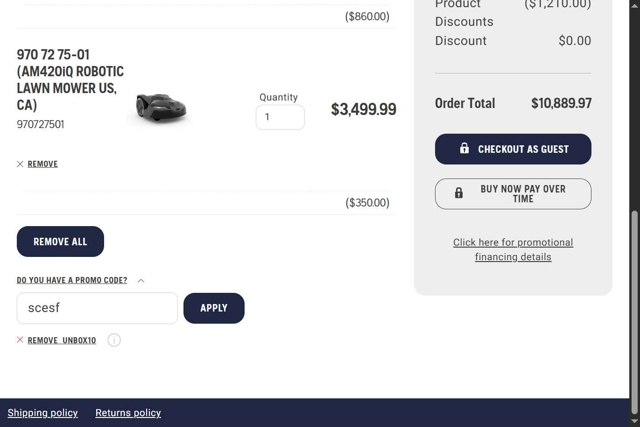 Husqvarna checkout page showing Husqvarna promo code box | Screenshot taken by SimplyCodes community member on Aug 15, 2025