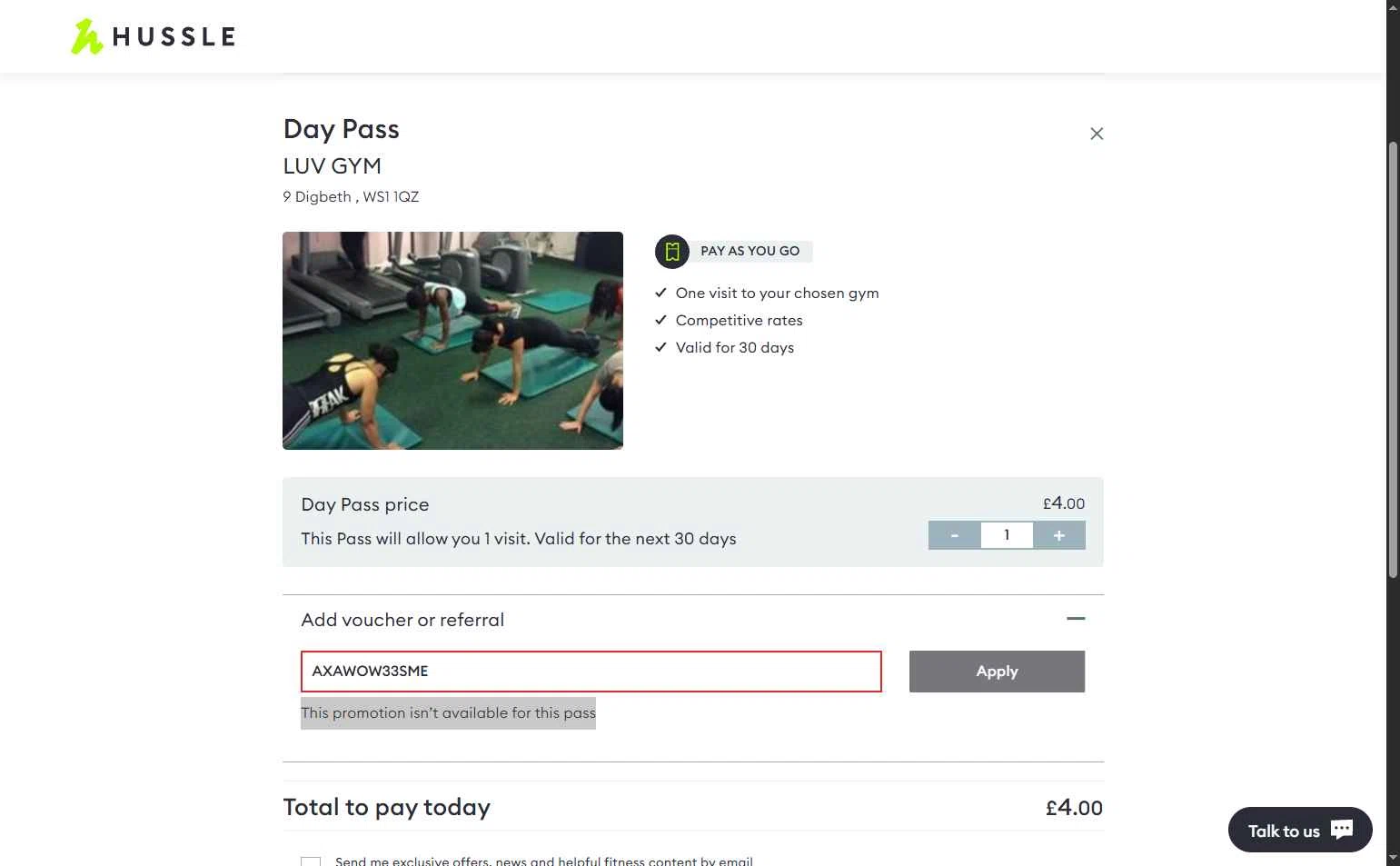 Hussle checkout page showing Hussle promo code box | Screenshot taken by SimplyCodes community member on Dec 23, 2025