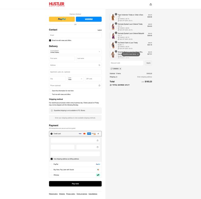 Hustler Hollywood checkout page showing Hustler Hollywood discount code box | Screenshot taken by SimplyCodes community member on Sep 4, 2025