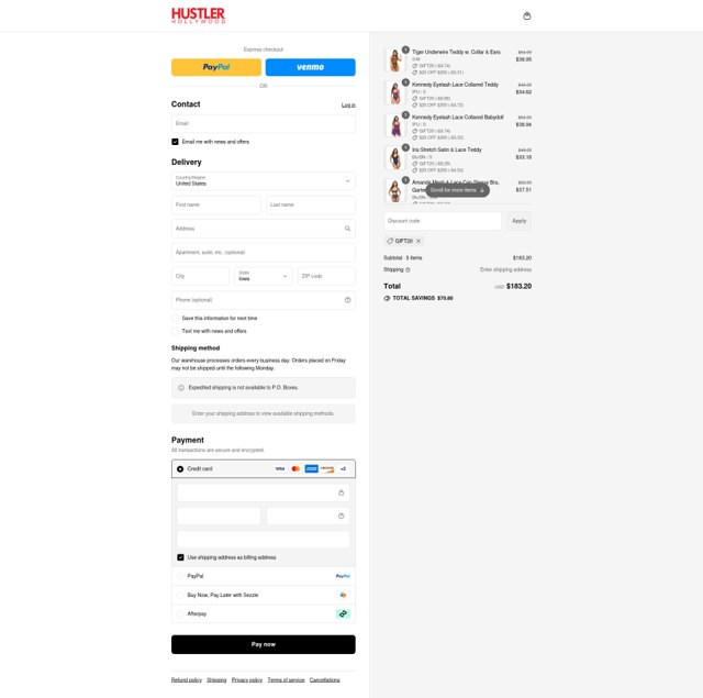 Hustler Hollywood checkout page showing Hustler Hollywood discount code box | Screenshot taken by SimplyCodes community member on Sep 4, 2025