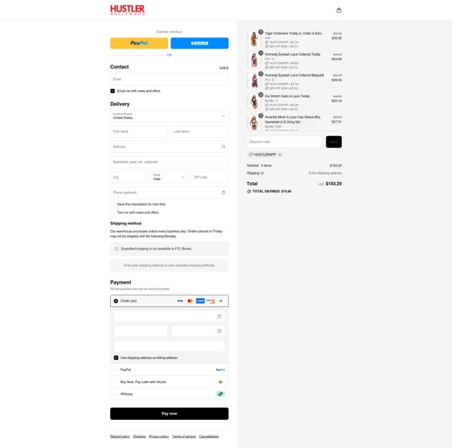 Hustler Hollywood checkout page showing Hustler Hollywood discount code box | Screenshot taken by SimplyCodes community member on Sep 4, 2025