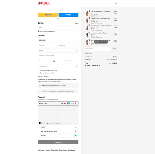 Hustler Hollywood checkout page showing Hustler Hollywood discount code box | Screenshot taken by SimplyCodes community member on Sep 4, 2025