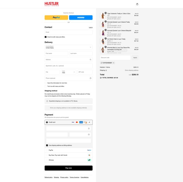 Hustler Hollywood checkout page showing Hustler Hollywood discount code box | Screenshot taken by SimplyCodes community member on Sep 4, 2025