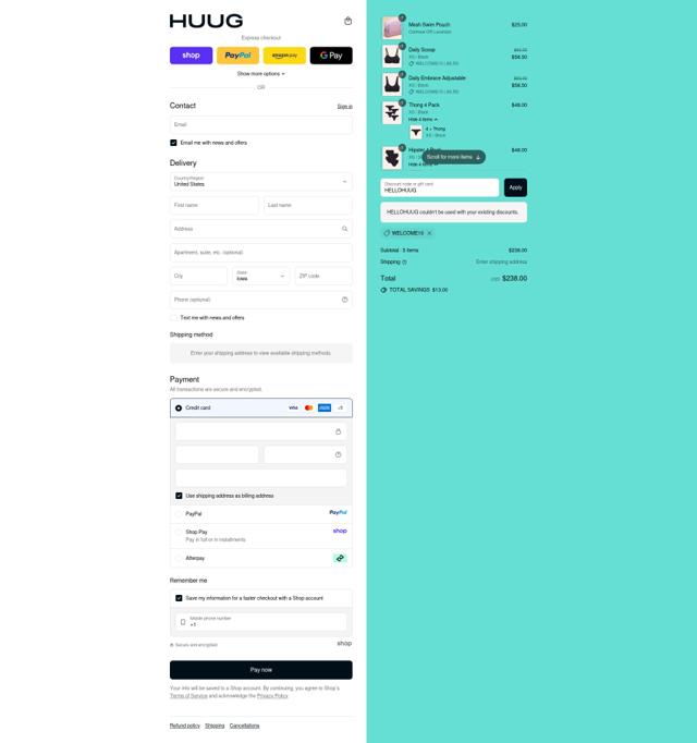 Huug checkout page showing Huug discount code box | Screenshot taken by SimplyCodes community member on Sep 10, 2025
