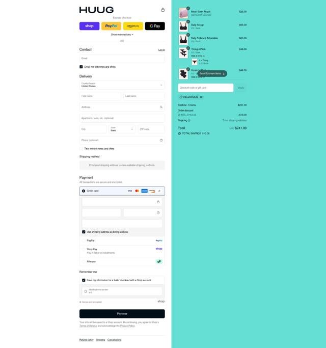 Huug checkout page showing Huug discount code box | Screenshot taken by SimplyCodes community member on Sep 6, 2025