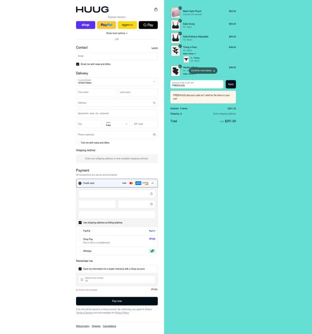 Huug checkout page showing Huug discount code box | Screenshot taken by SimplyCodes community member on Sep 6, 2025