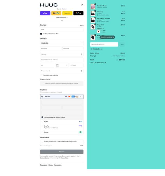 Huug checkout page showing Huug discount code box | Screenshot taken by SimplyCodes community member on Sep 6, 2025