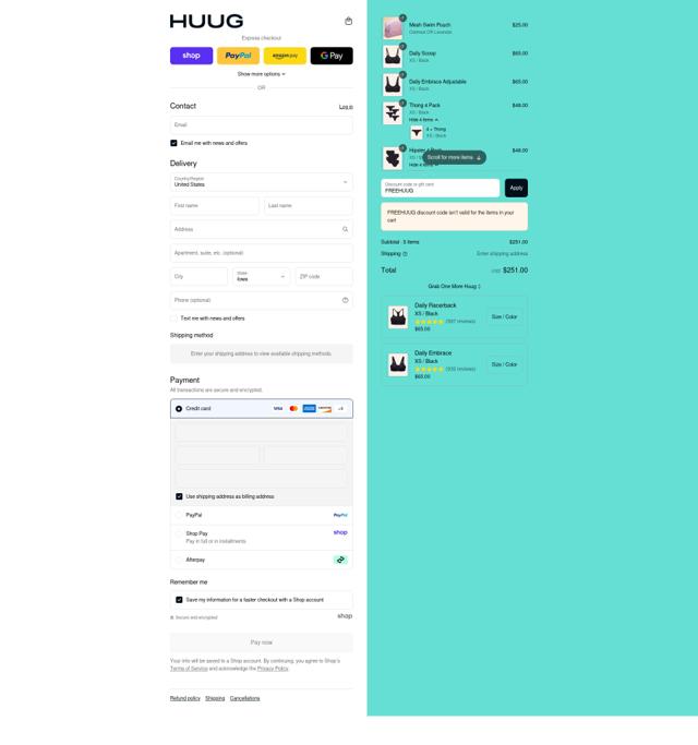 Huug checkout page showing Huug discount code box | Screenshot taken by SimplyCodes community member on Sep 2, 2025