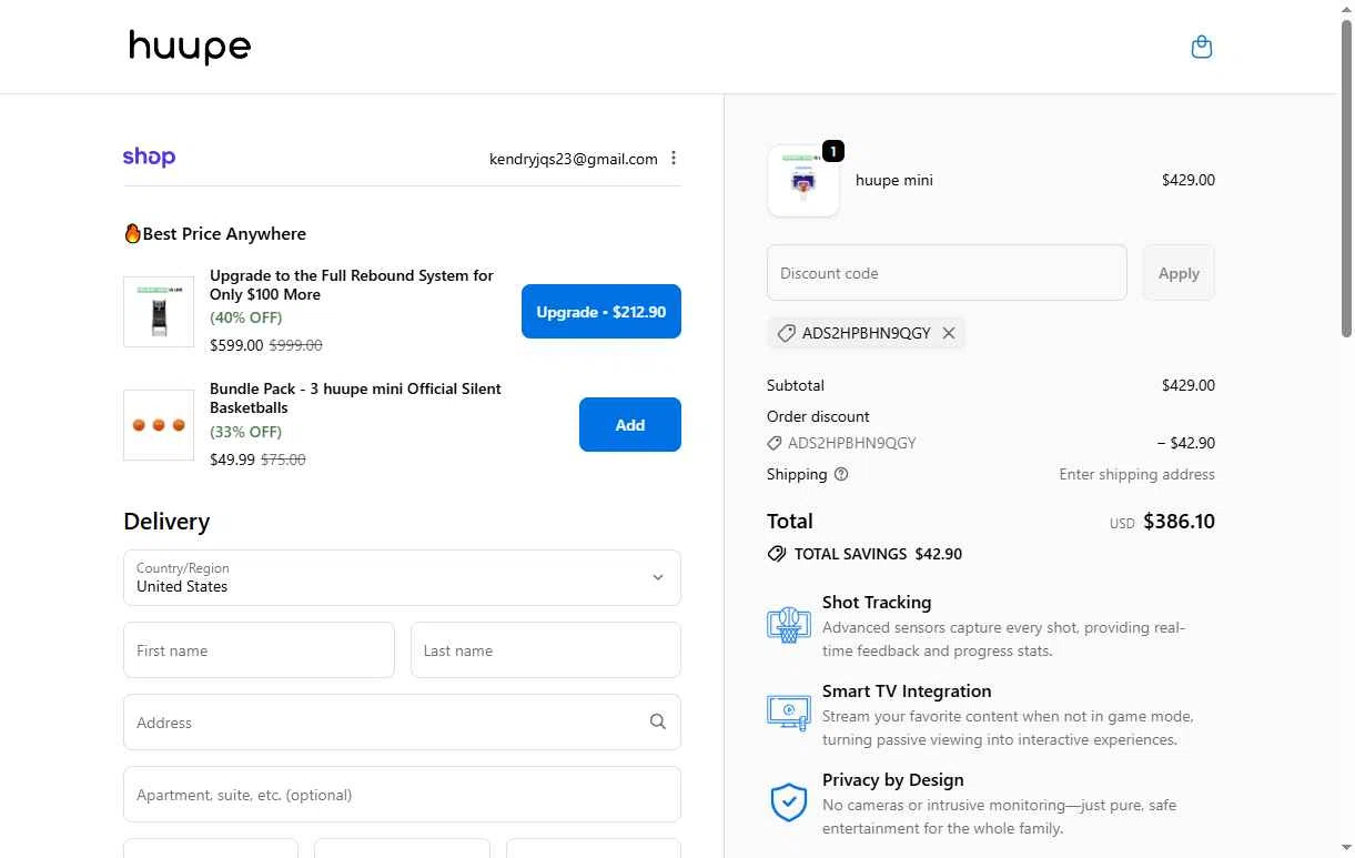 Huupe checkout page showing Huupe promo code box | Screenshot taken by SimplyCodes community member on Dec 18, 2025