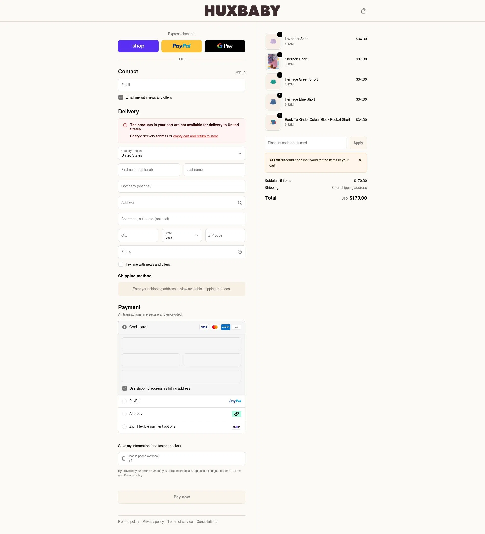 Huxbaby checkout page showing Huxbaby promo code box | Screenshot taken by SimplyCodes community member on Feb 7, 2026