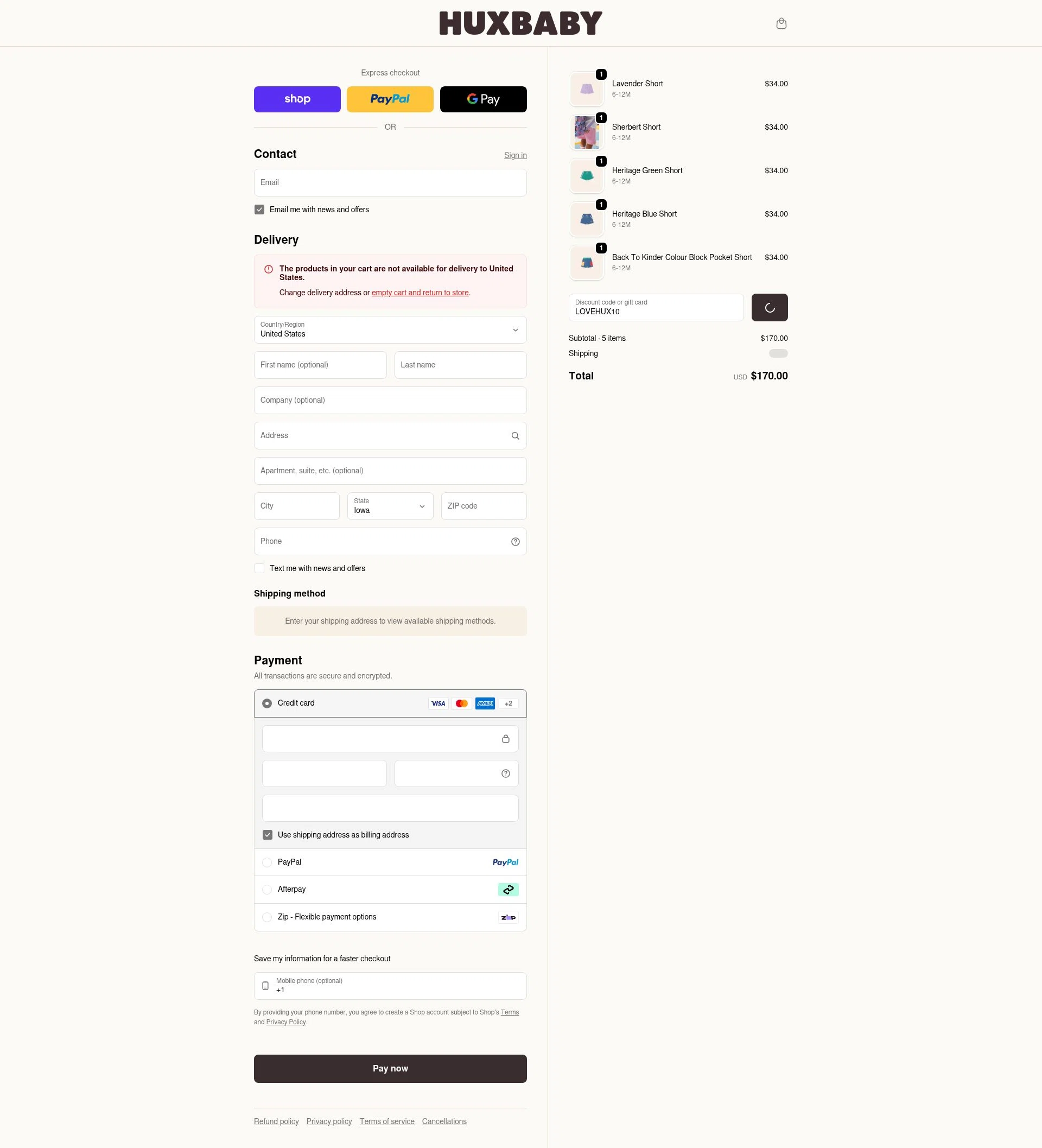 Huxbaby checkout page showing Huxbaby promo code box | Screenshot taken by SimplyCodes community member on Feb 11, 2026