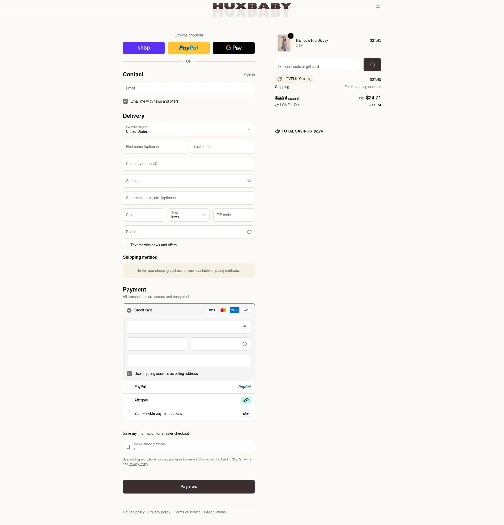 Huxbaby checkout page showing Huxbaby promo code box | Screenshot taken by SimplyCodes community member on Feb 2, 2026