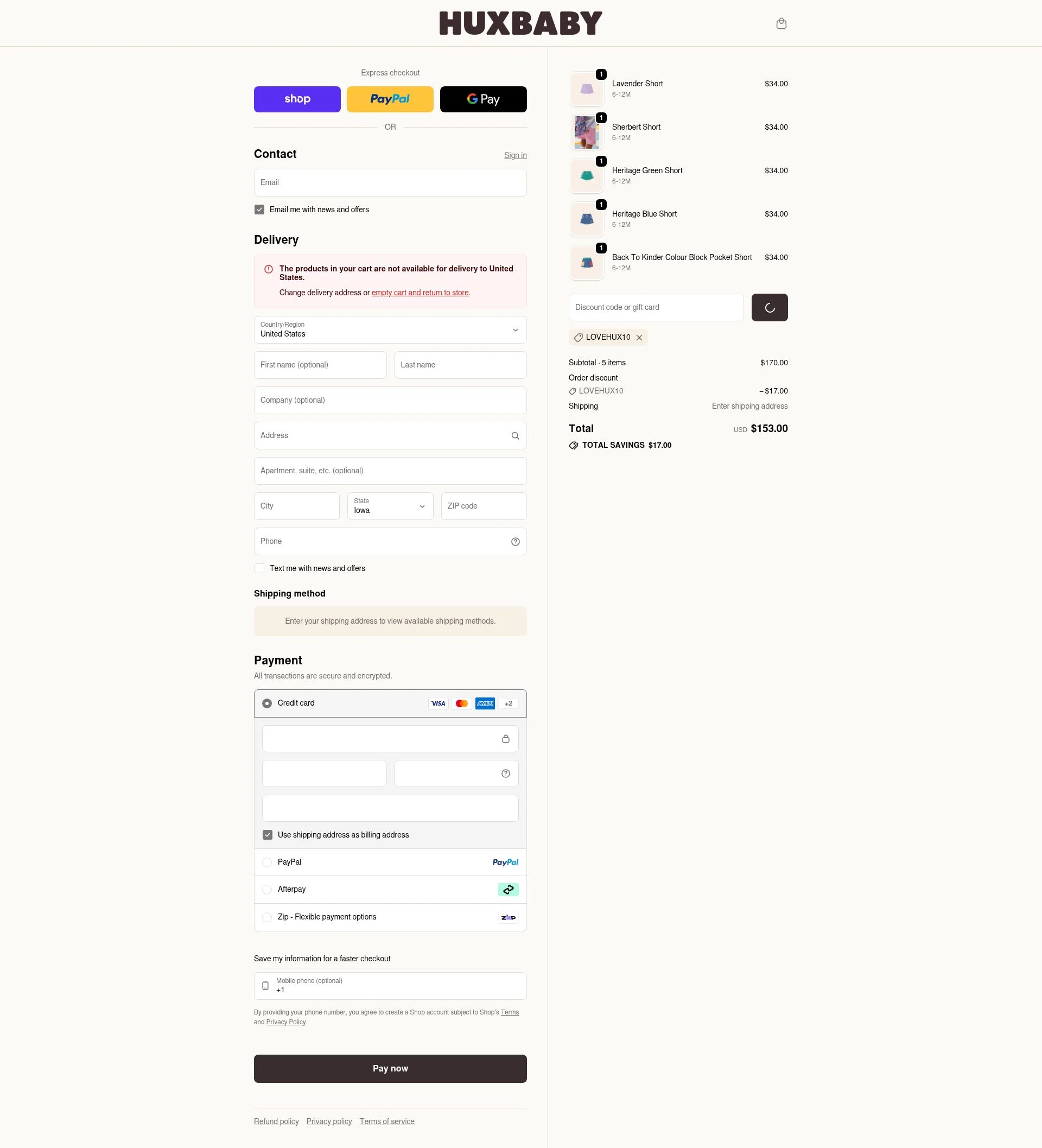 Huxbaby checkout page showing Huxbaby promo code box | Screenshot taken by SimplyCodes community member on Feb 20, 2026