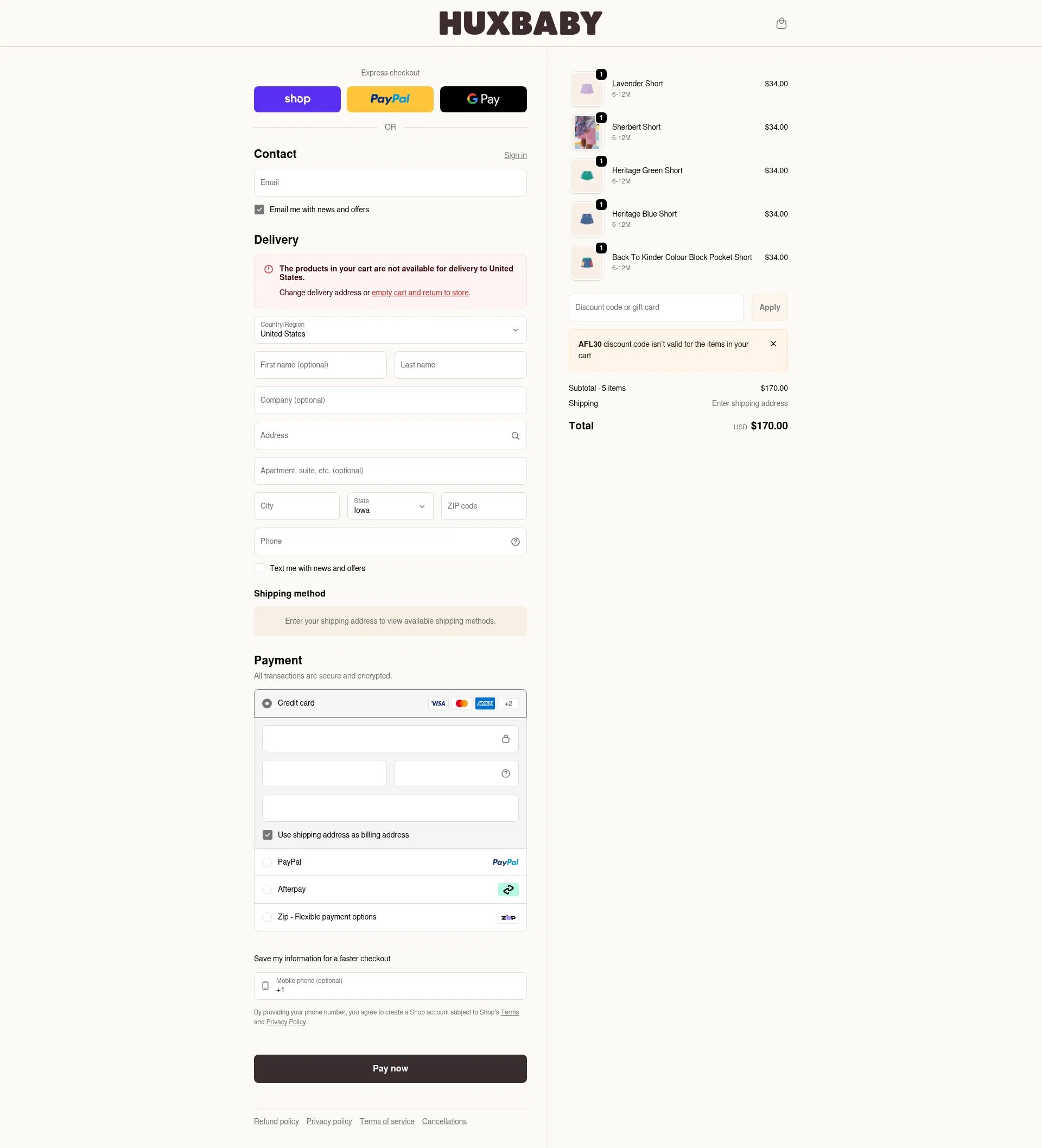 Huxbaby checkout page showing Huxbaby promo code box | Screenshot taken by SimplyCodes community member on Feb 11, 2026