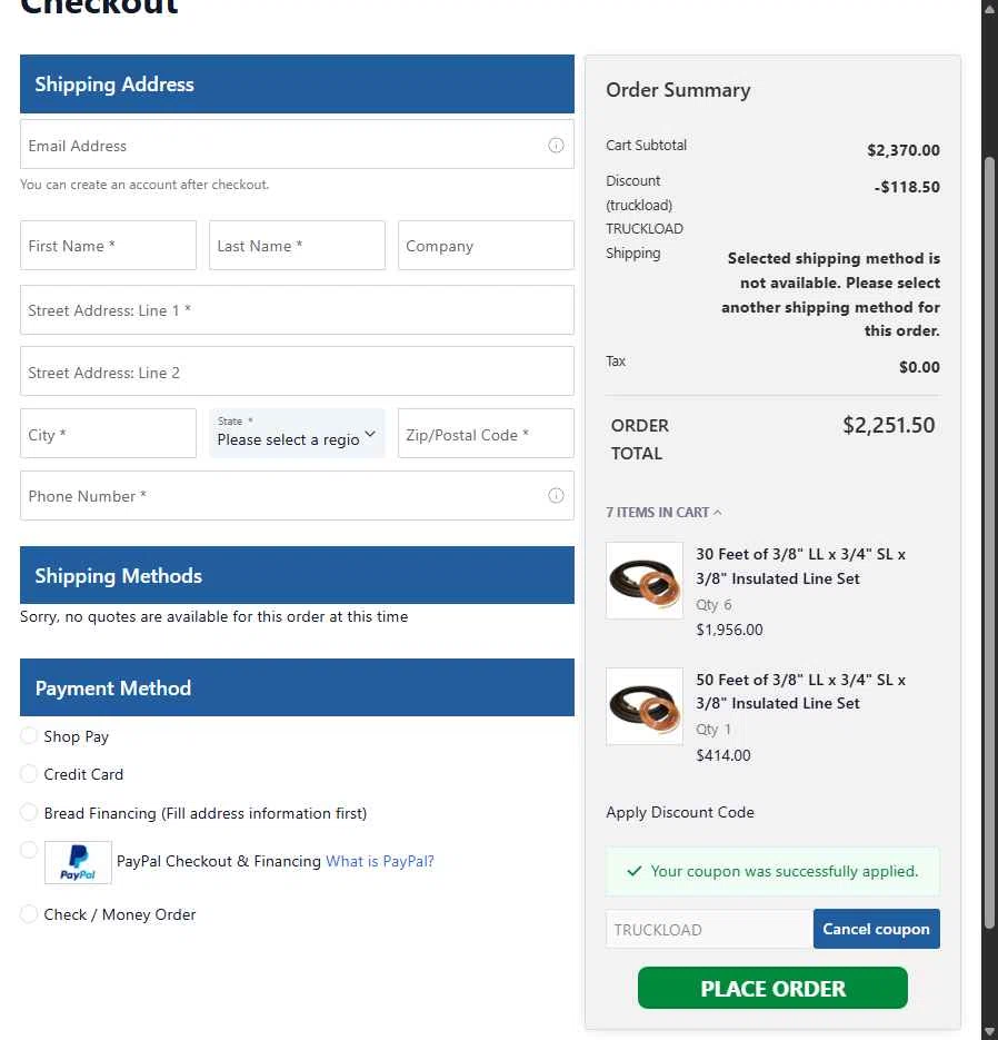 HVAC Direct checkout page showing HVAC Direct coupon code box | Screenshot taken by SimplyCodes community member on Nov 21, 2025