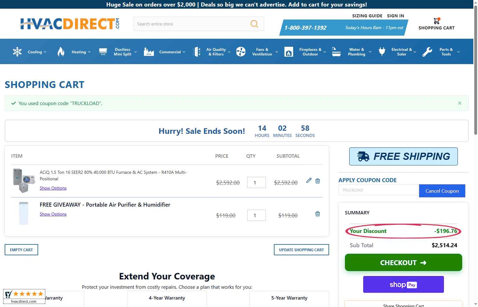 HVAC Direct checkout page showing HVAC Direct coupon code box | Screenshot taken by SimplyCodes community member on Jan 28, 2026