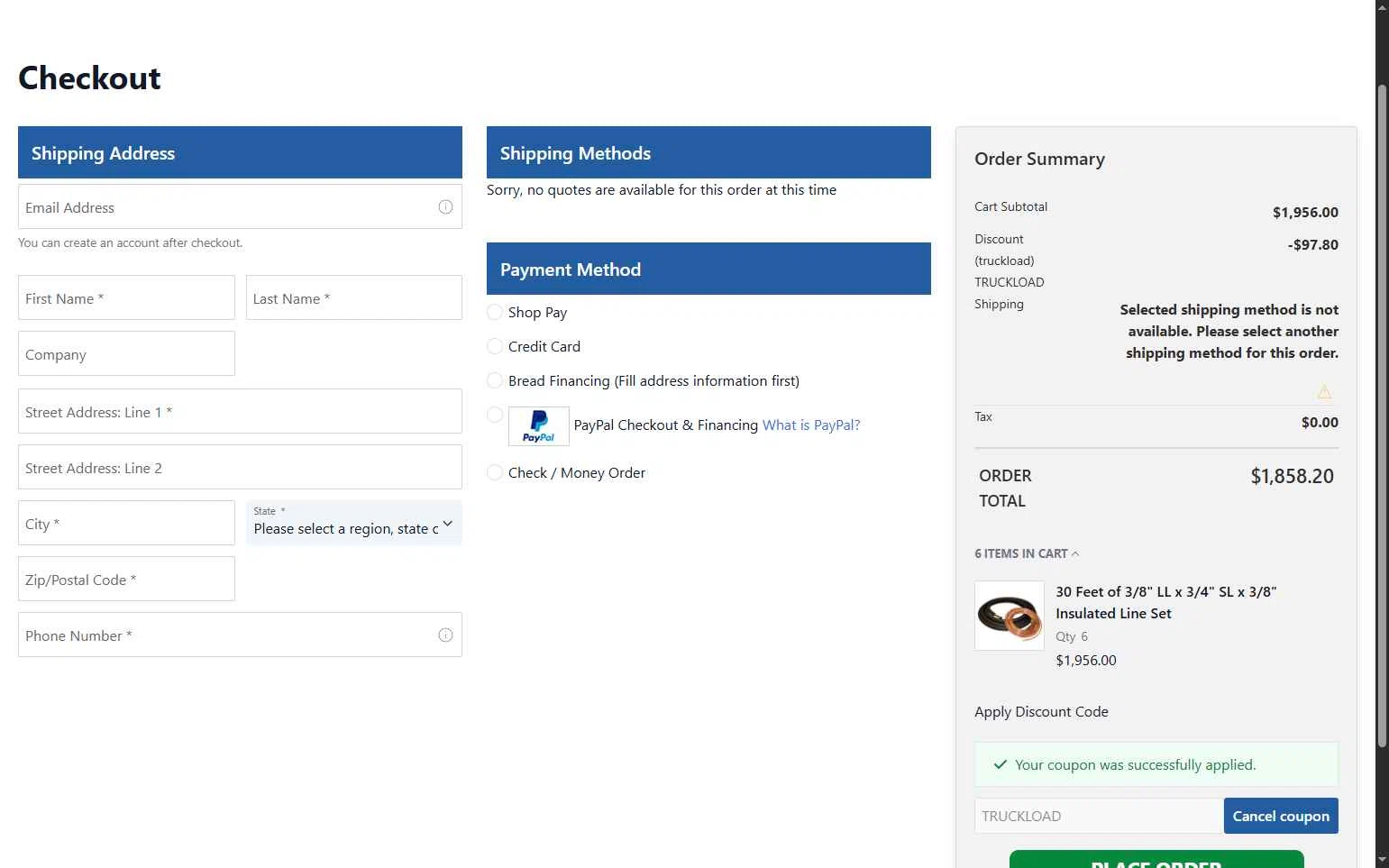 HVAC Direct checkout page showing HVAC Direct coupon code box | Screenshot taken by SimplyCodes community member on Nov 21, 2025