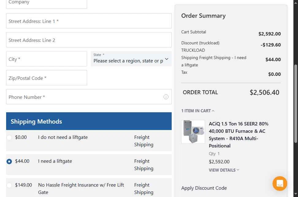 HVAC Direct checkout page showing HVAC Direct coupon code box | Screenshot taken by SimplyCodes community member on Dec 30, 2025