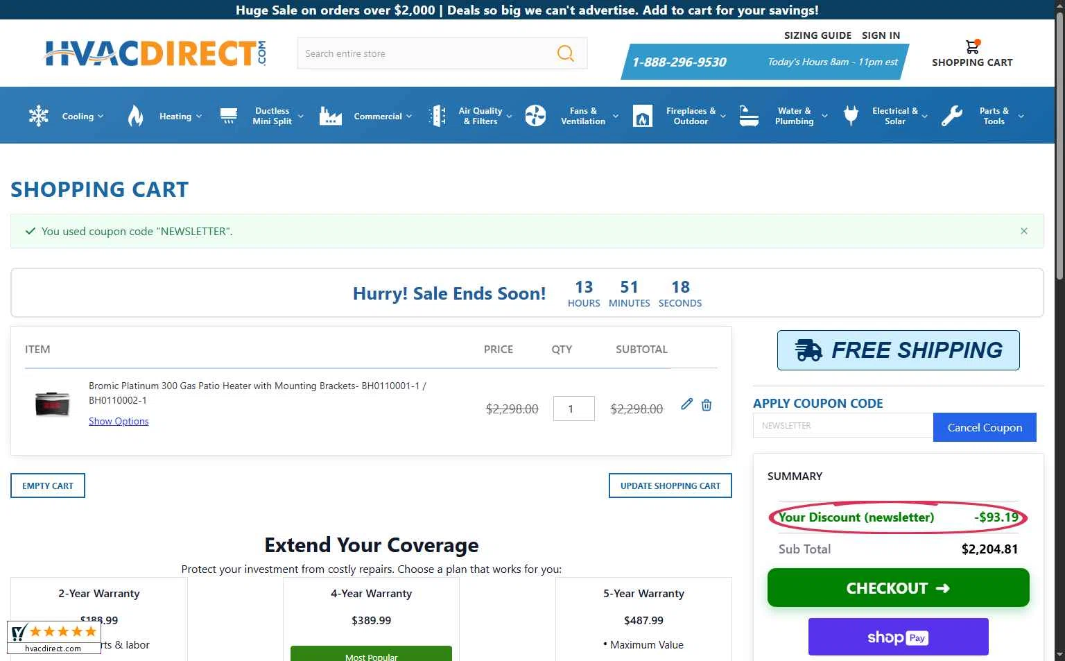 HVAC Direct checkout page showing HVAC Direct coupon code box | Screenshot taken by SimplyCodes community member on Jan 29, 2026