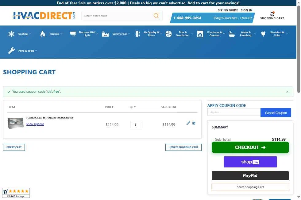 HVAC Direct checkout page showing HVAC Direct coupon code box | Screenshot taken by SimplyCodes community member on Dec 11, 2025