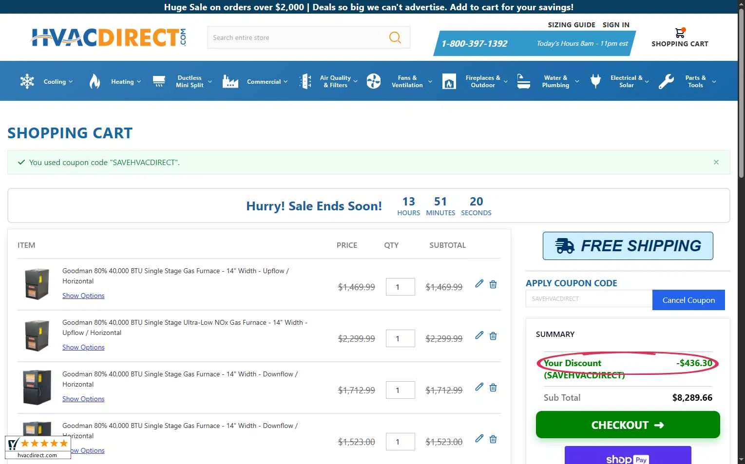 HVAC Direct checkout page showing HVAC Direct coupon code box | Screenshot taken by SimplyCodes community member on Jan 29, 2026