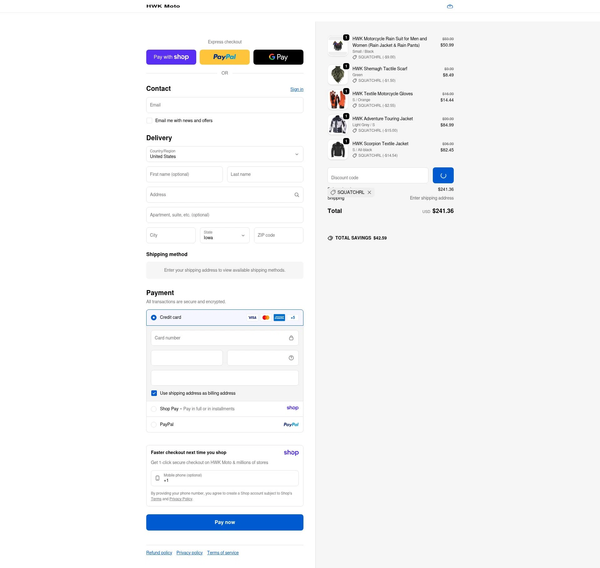 HWK Moto checkout page showing HWK Moto promo code box | Screenshot taken by SimplyCodes community member on Jan 9, 2026