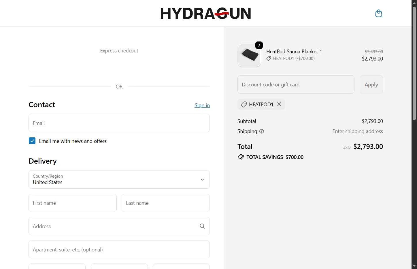 Hydragun checkout page showing Hydragun discount code box | Screenshot taken by SimplyCodes community member on Jan 30, 2026