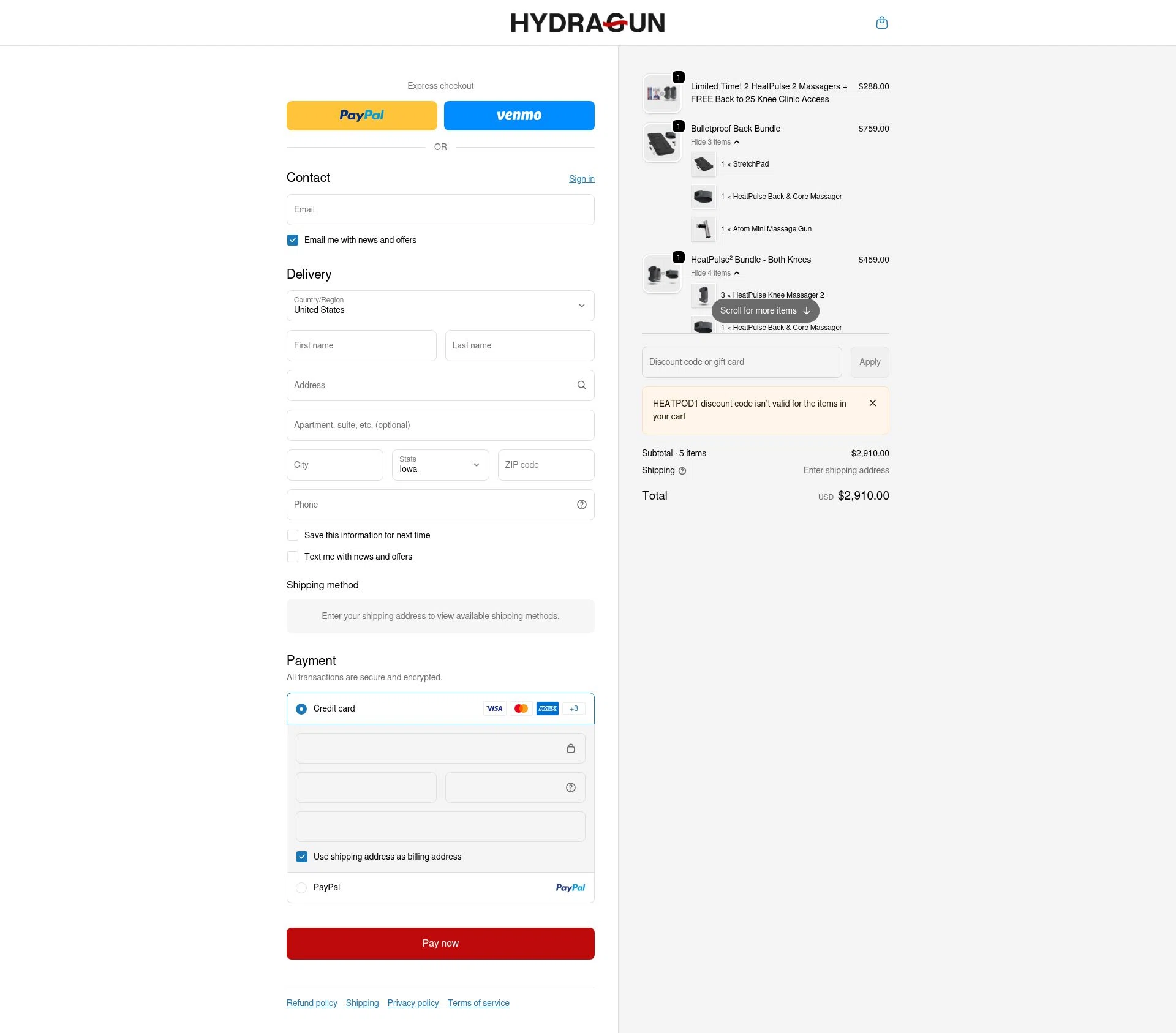Hydragun checkout page showing Hydragun discount code box | Screenshot taken by SimplyCodes community member on Jan 22, 2026