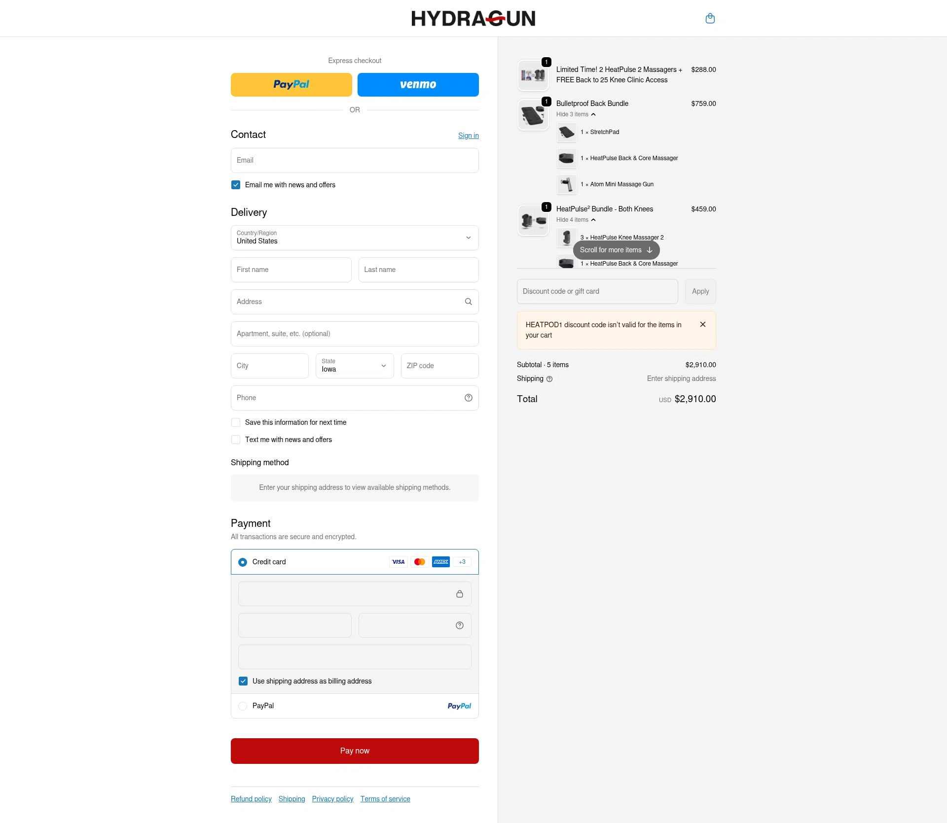 Hydragun checkout page showing Hydragun discount code box | Screenshot taken by SimplyCodes community member on Feb 4, 2026