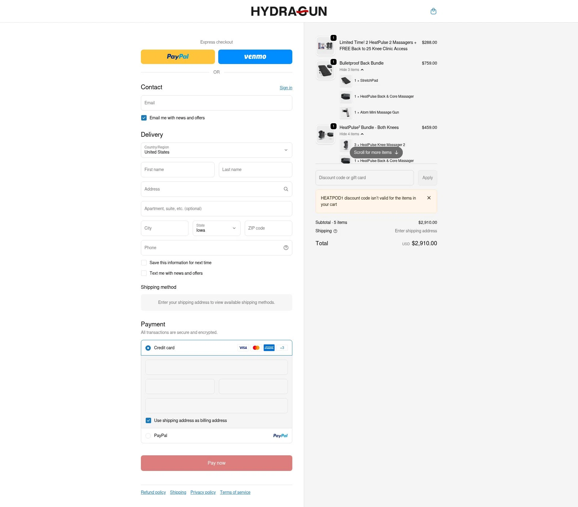 Hydragun checkout page showing Hydragun discount code box | Screenshot taken by SimplyCodes community member on Jan 26, 2026