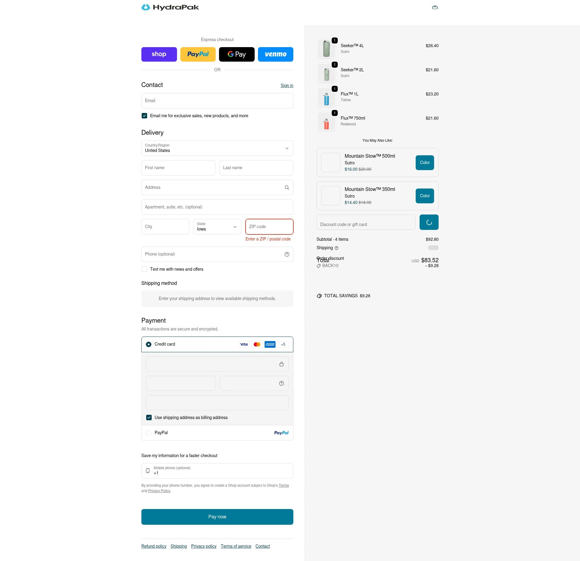 Hydrapak checkout page showing Hydrapak discount code box | Screenshot taken by SimplyCodes community member on Feb 6, 2026
